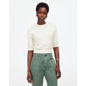 Madewell Textural-Stitch Cotton Sweater WMNS XS Cream Ribbed Trim Short Sleeve